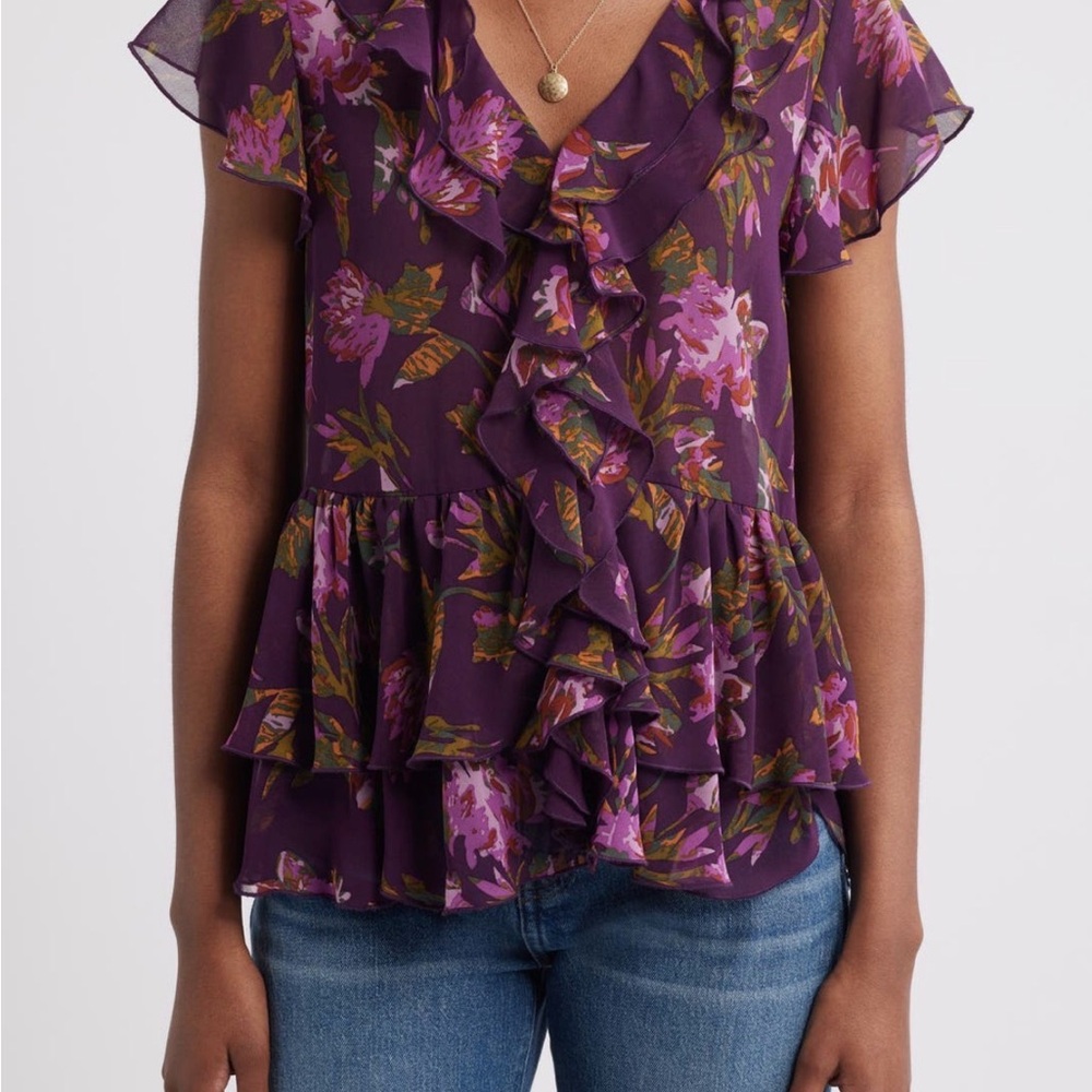 NWT Nordstrom Floral Ruffle Blouse - Purple and Green